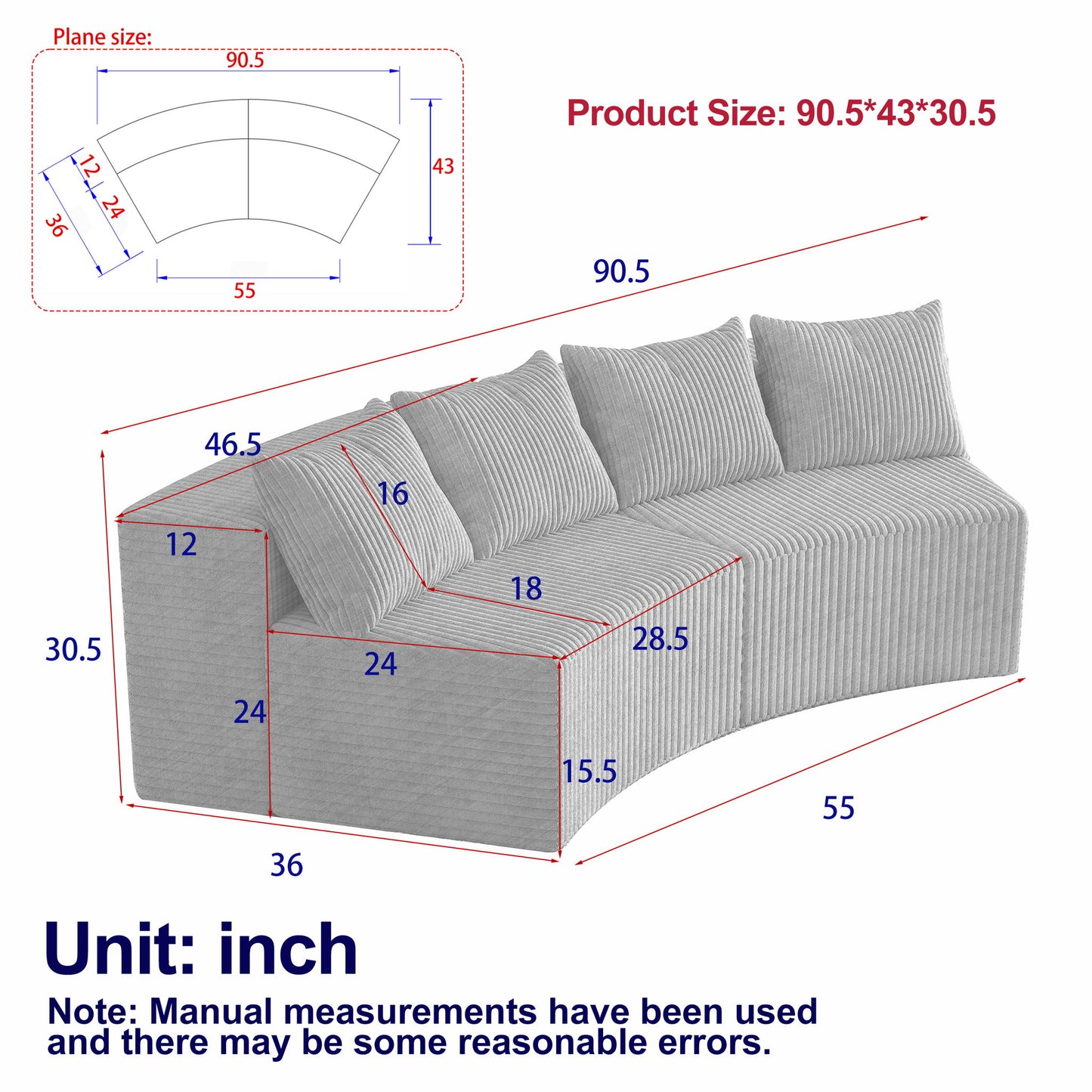 Curved Sectional Sofa With 4 Pillows, Modular Semi Circular Design Home Essentials