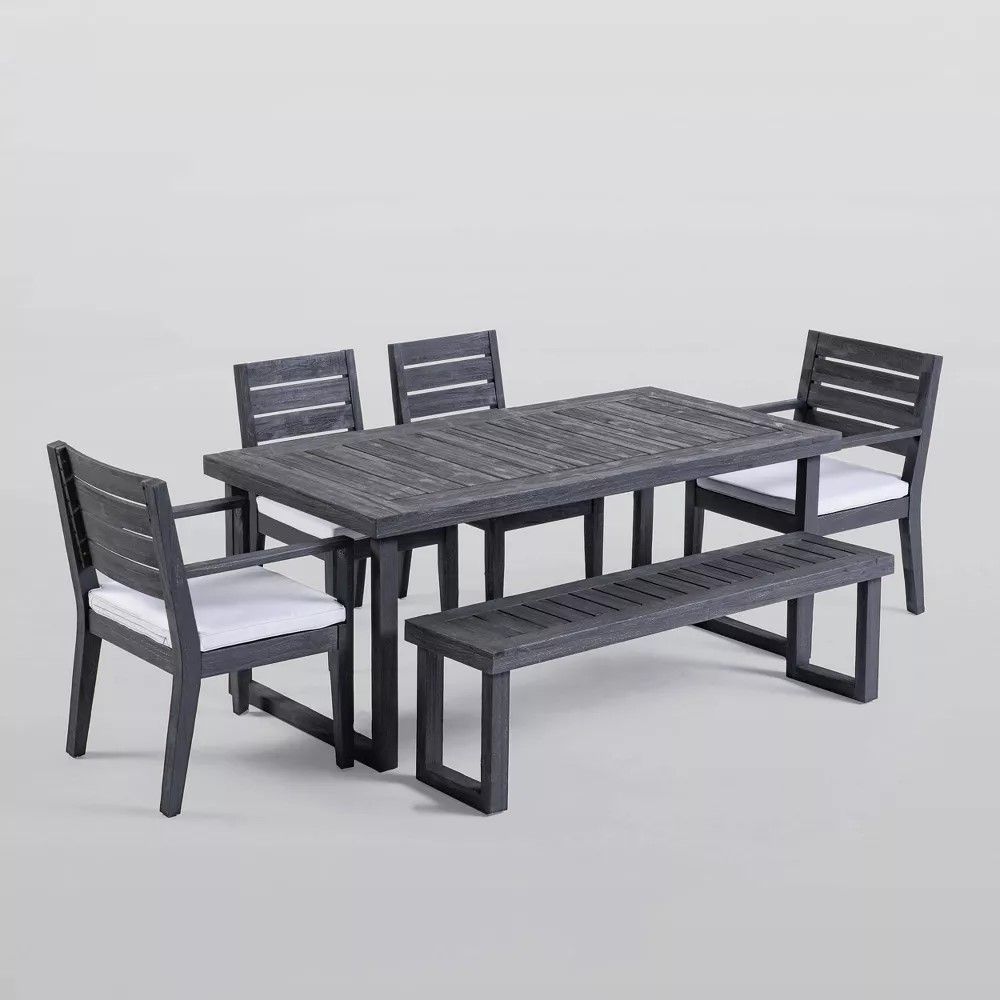 Outdoor 6 Seater Dining Set With Bench - Dark Gray / Light Gray Noble House