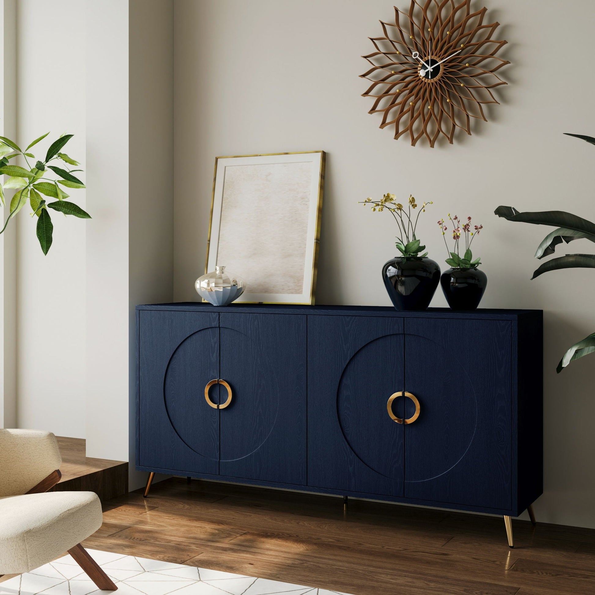 Modern Lacquered 4 Door Wooden Cabinet Sideboard Buffet Server Cabinet Storage Cabinet, For Living Room, Entryway, Hallway, Office, Kitchen And Dining Room Home Essentials