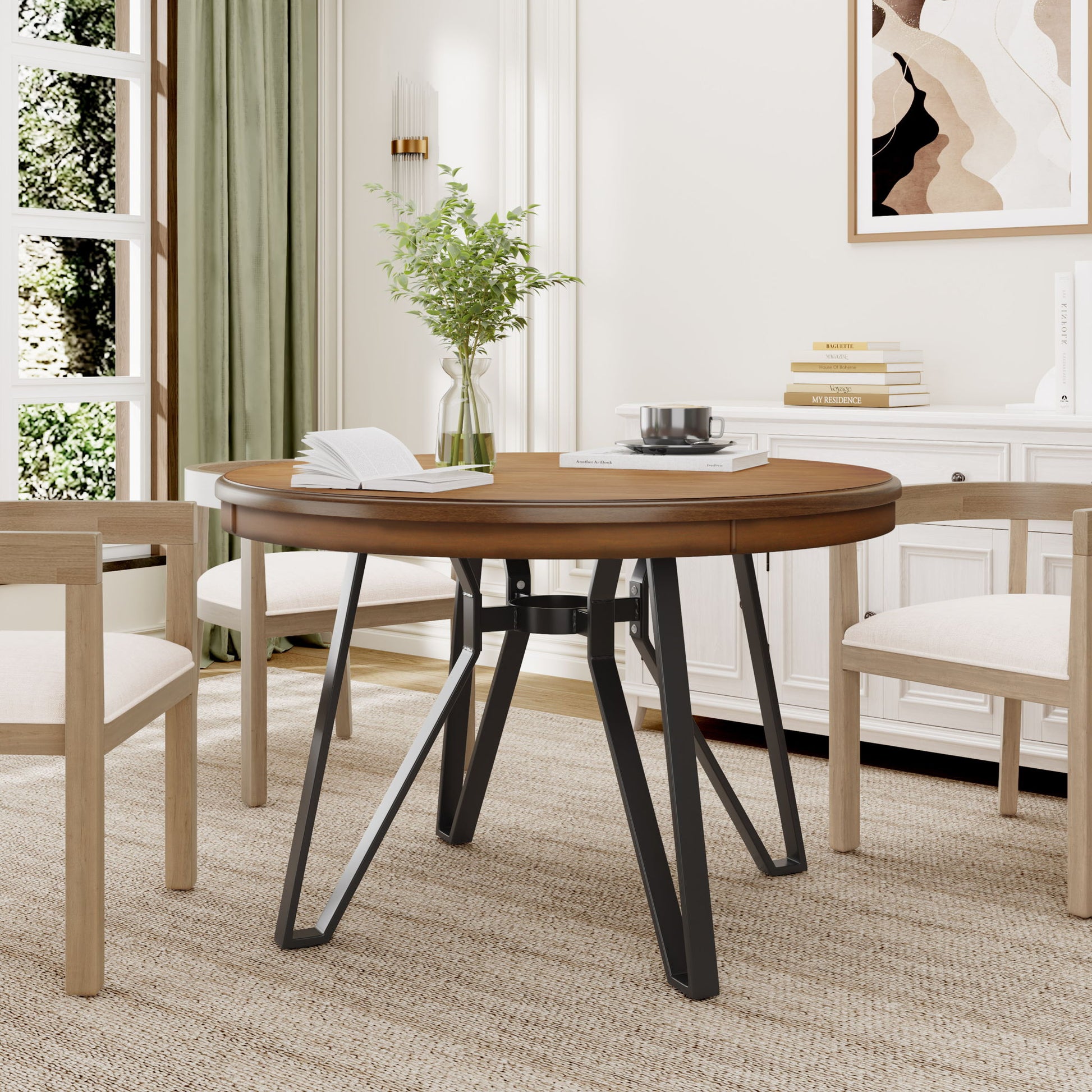 Mid Century Modern Round Dining Table With Metal Legs And Open Shelf Noble House