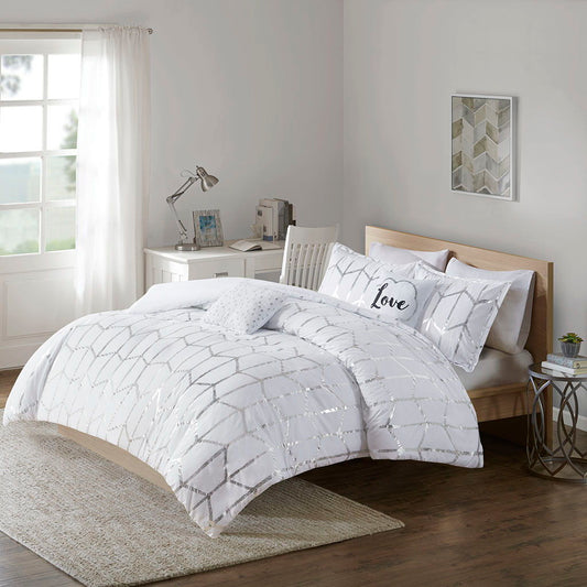 Raina - King Metallic Printed Comforter Set - White / Silver Intelligent Design