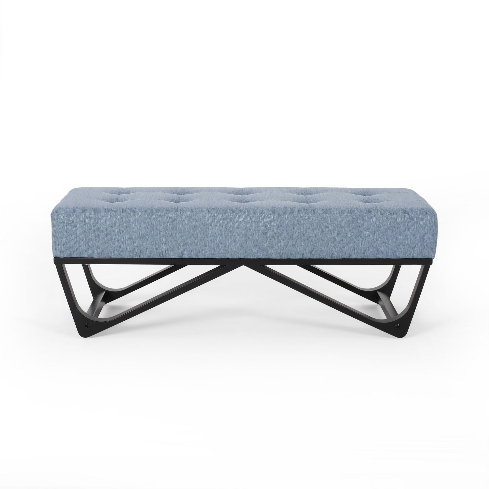 Upholstered Ottoman With Button Tufted Waffle Stitch And Black Geometric Legs - Light Blue Noble House