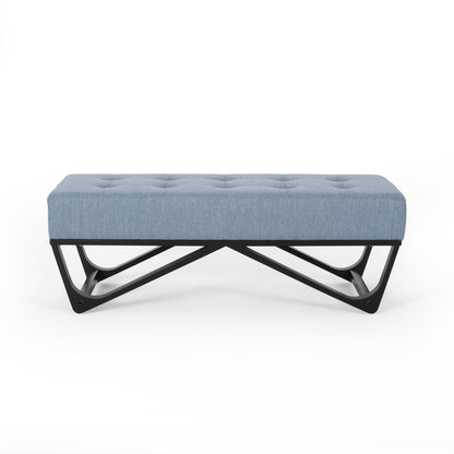 Upholstered Ottoman With Button Tufted Waffle Stitch And Black Geometric Legs - Light Blue Noble House