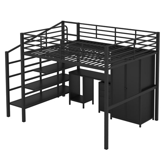 Full Size Loft Bed With Desk Set And Wardrobe - Black Dreamland