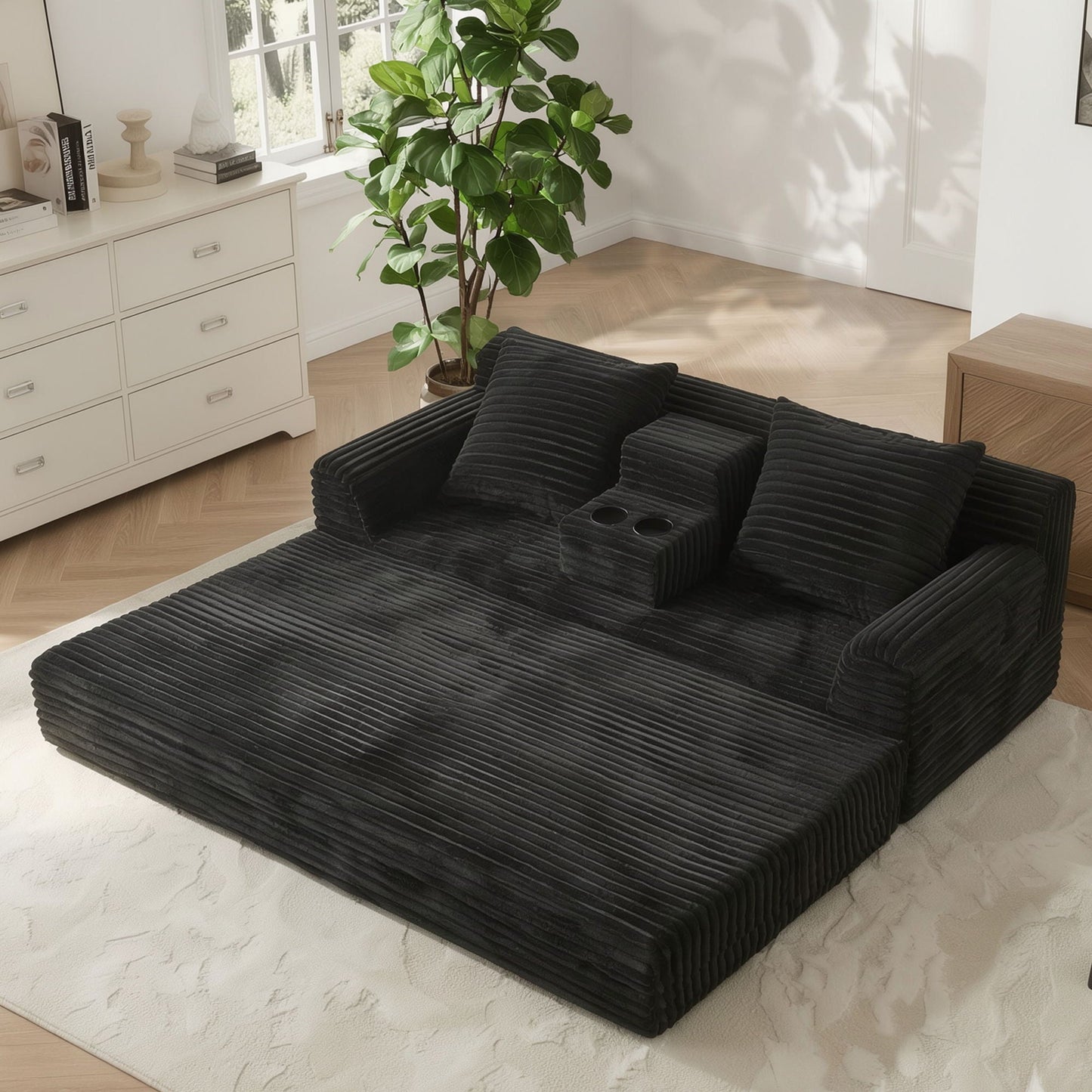Soft Striped Convertible Sofa Bed, Dual Use Lounge Couch With Cup Holders And Pillows Home Essentials
