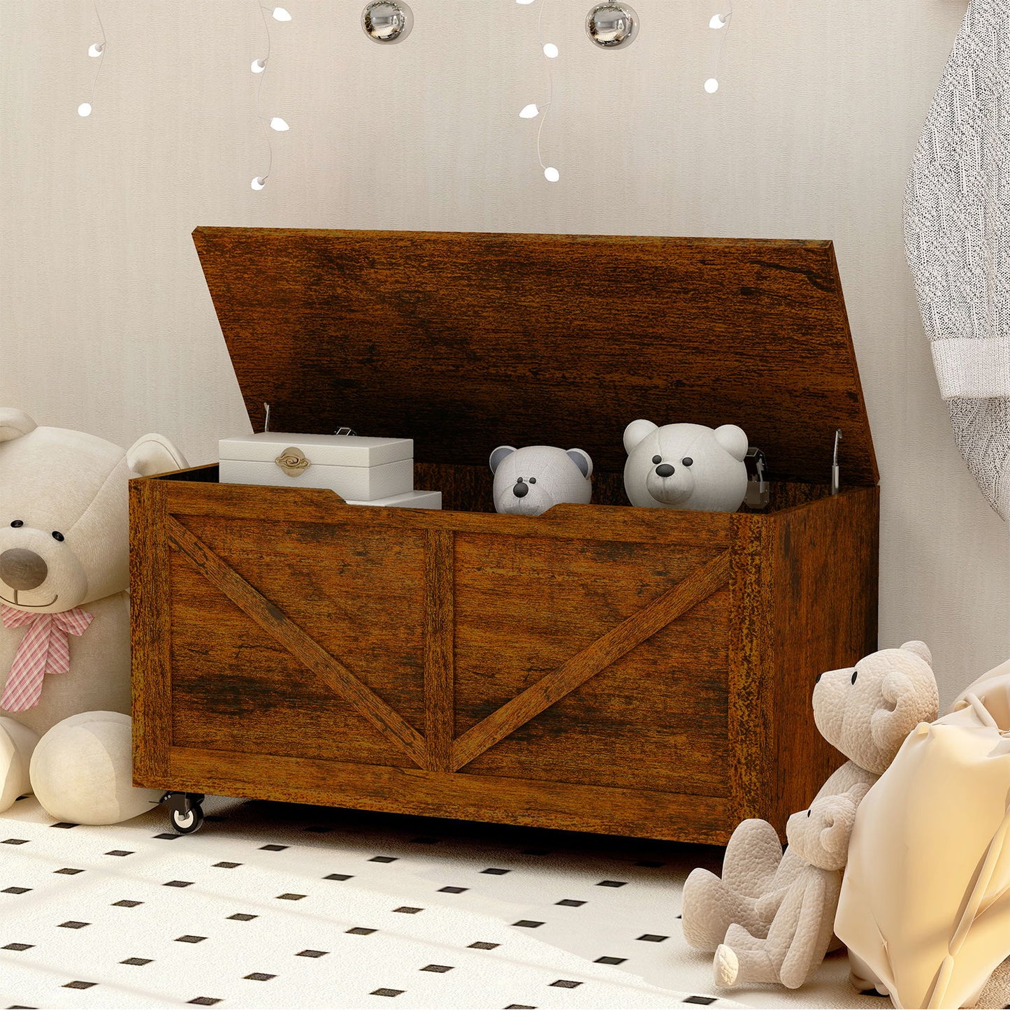 Rustic Wooden Storage Chest With Wheels And Safety Hinge, 300 Lb Capacity - Rustic Brown