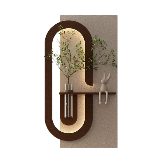 Adjustable LED Sandstone Wall Decor With Simulated Plants 3D Art Sculpture, Glass Vase & Rabbit Statue, Remote Control - Light Coffee Daily Nest