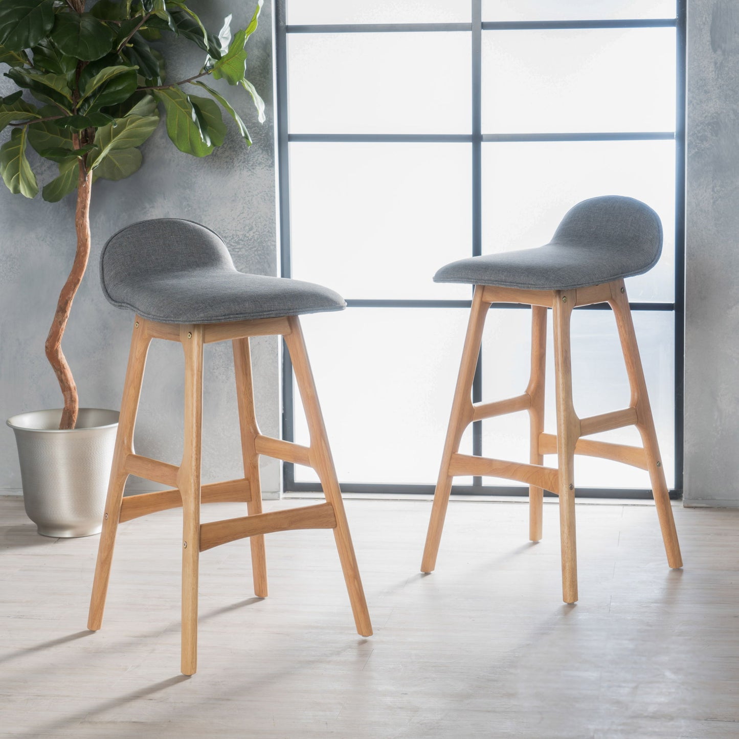 Mid Century Modern Upholstered Low Back Barstools (Set of 2) - Gray / Natural Oak Noble House
