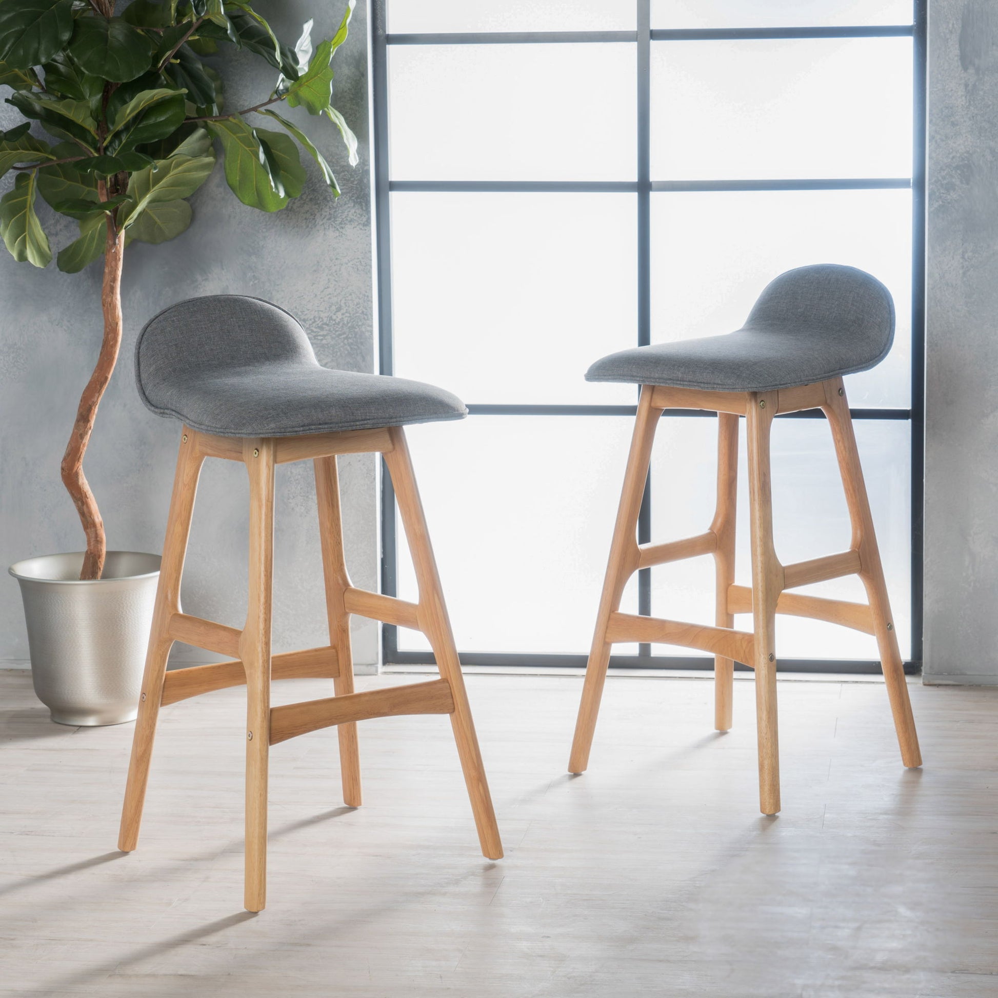 Mid Century Modern Upholstered Low Back Barstools (Set of 2) - Gray / Natural Oak Noble House