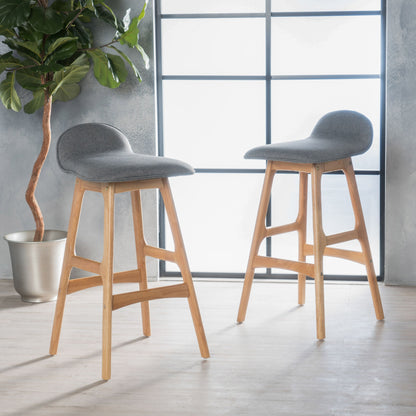 Mid Century Modern Upholstered Low Back Barstools (Set of 2) - Gray / Natural Oak Noble House