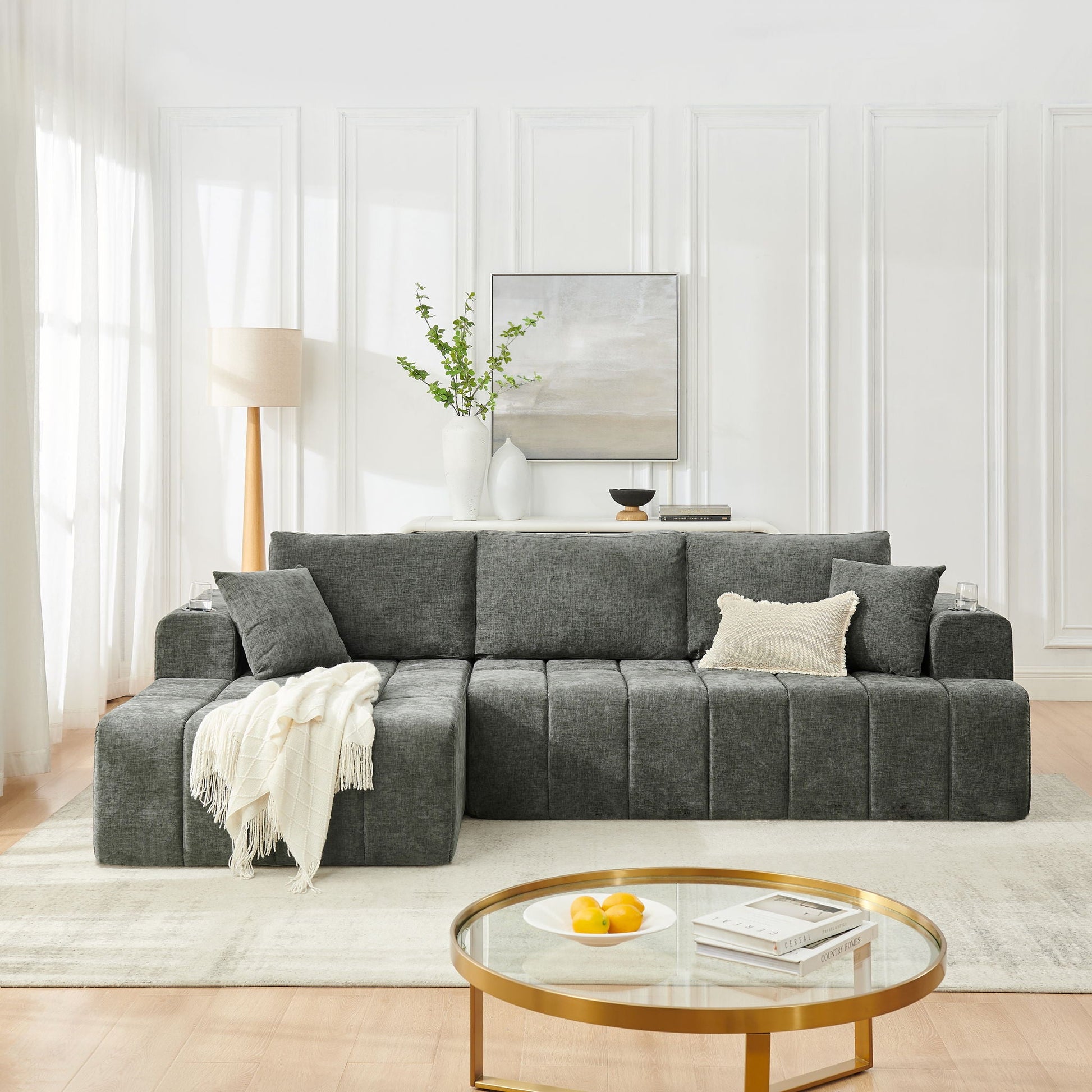 L - Shaped Sectional Sofa With Cup Holders & Side Pockets Home Essentials