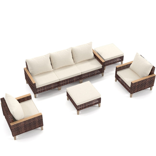 5 Piece Rattan Terrace Furniture Set, 7 Seats Cushions, High Footed Design Home Essentials