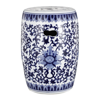 Ceramic Garden Stool, Small Side Tabel - White / Blue Home Essentials