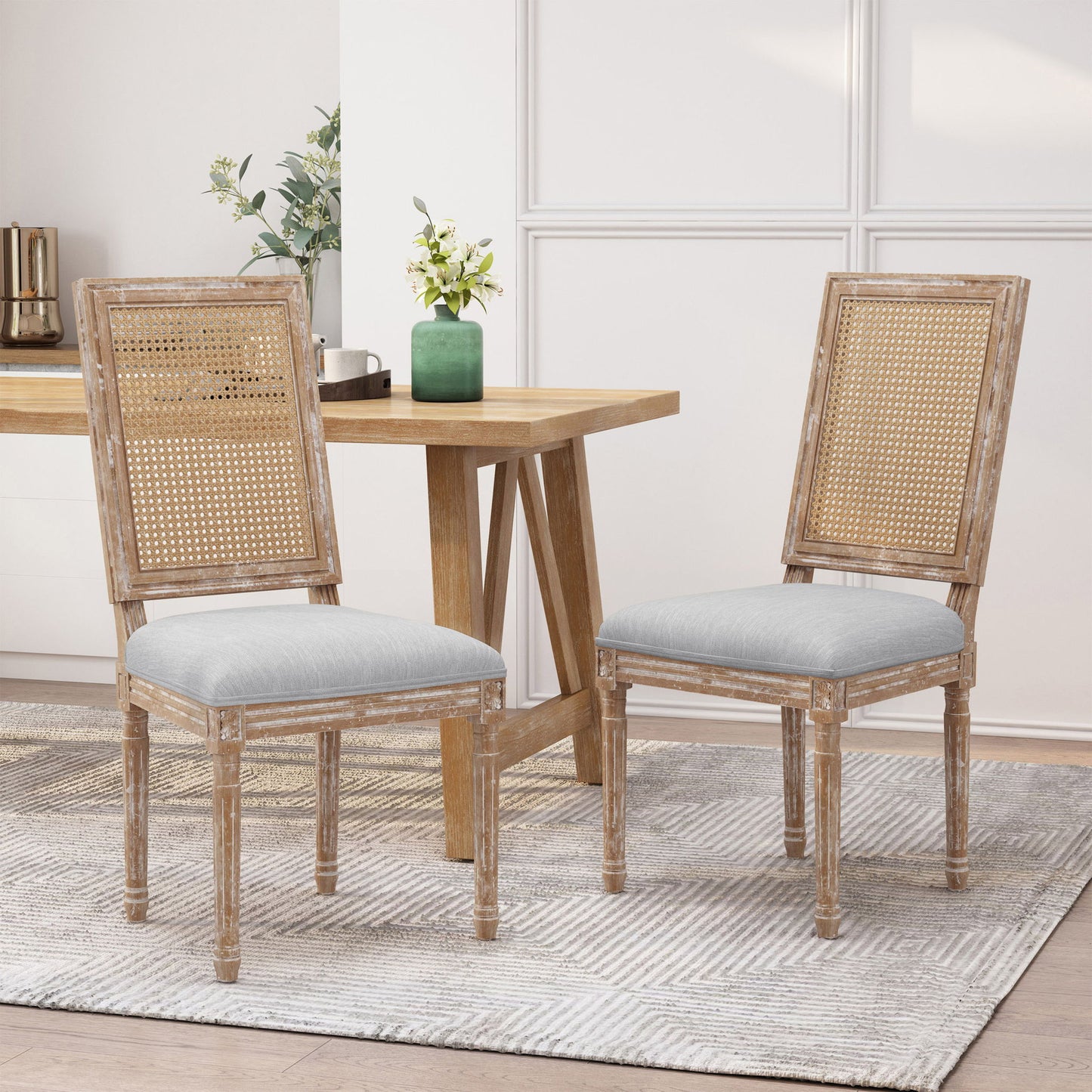 French Country Dining Chair With Rectangular Cane Backrest And Smooth Upholstered Seating Noble House