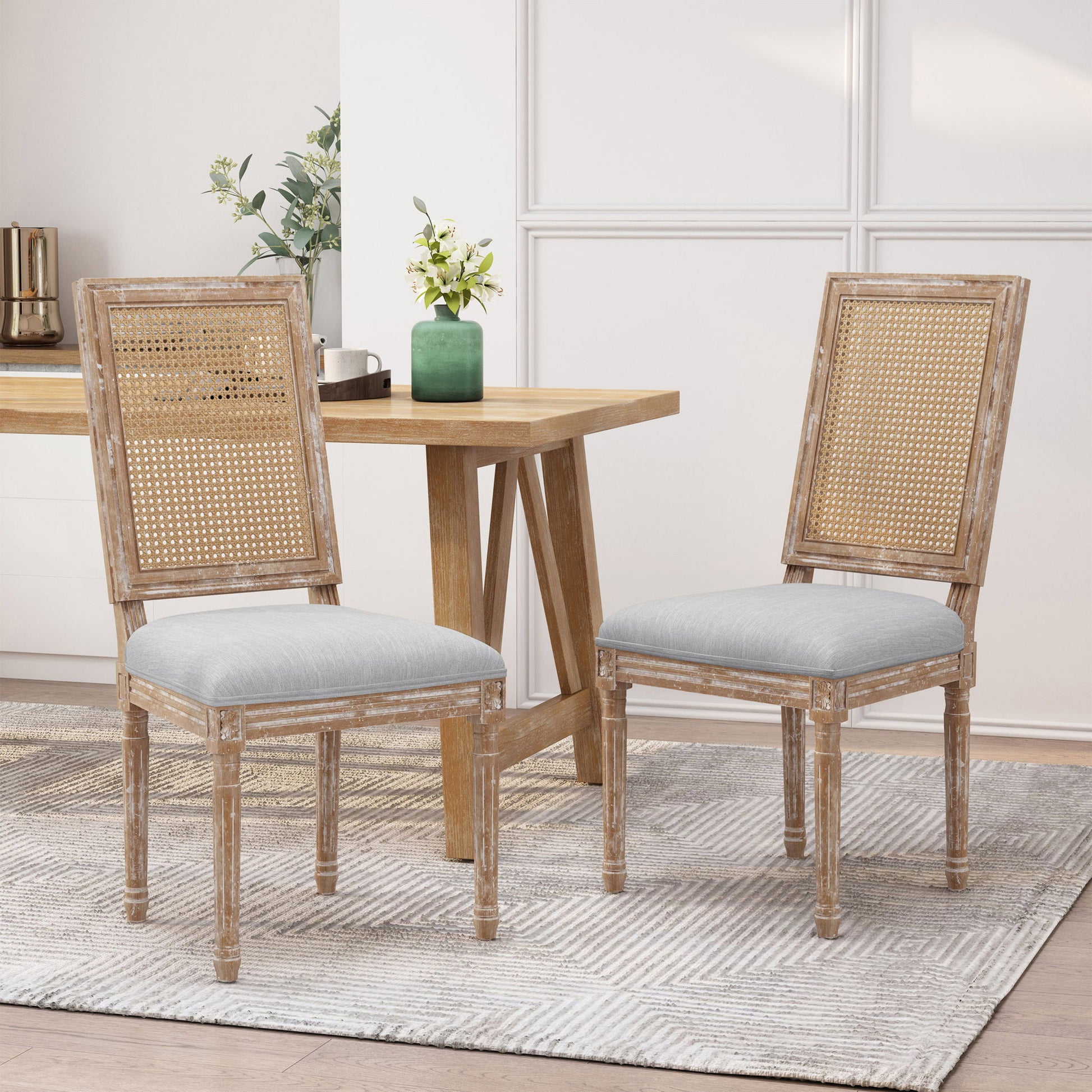 French Country Dining Chair With Rectangular Cane Backrest And Smooth Upholstered Seating Noble House