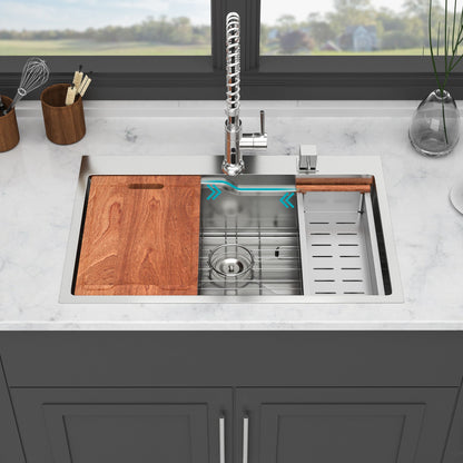 33" Drop In Kitchen Sink With Ledge Workstation, Single Bowl, 16 Gauge Stainless Steel - Black / Gray Daily Nest