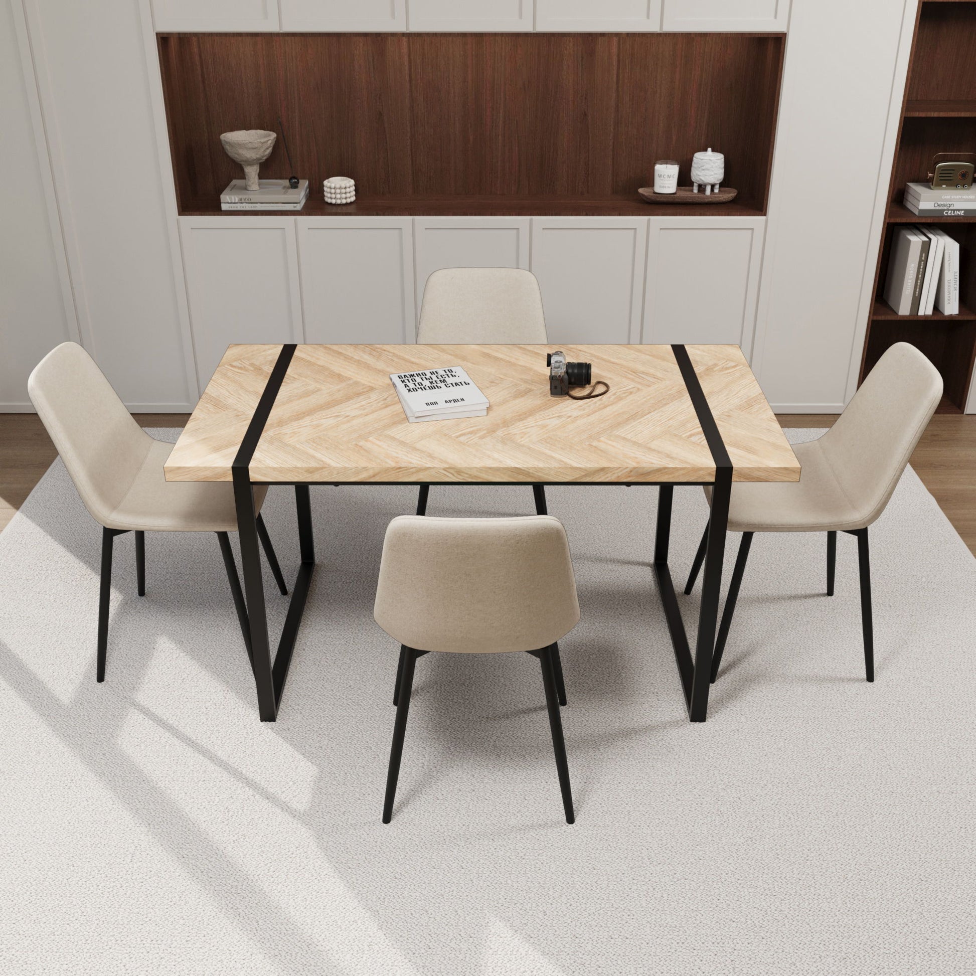 Modern Dining Table & Suede Chair Set WIth Rectangular Metal Base Home Essentials