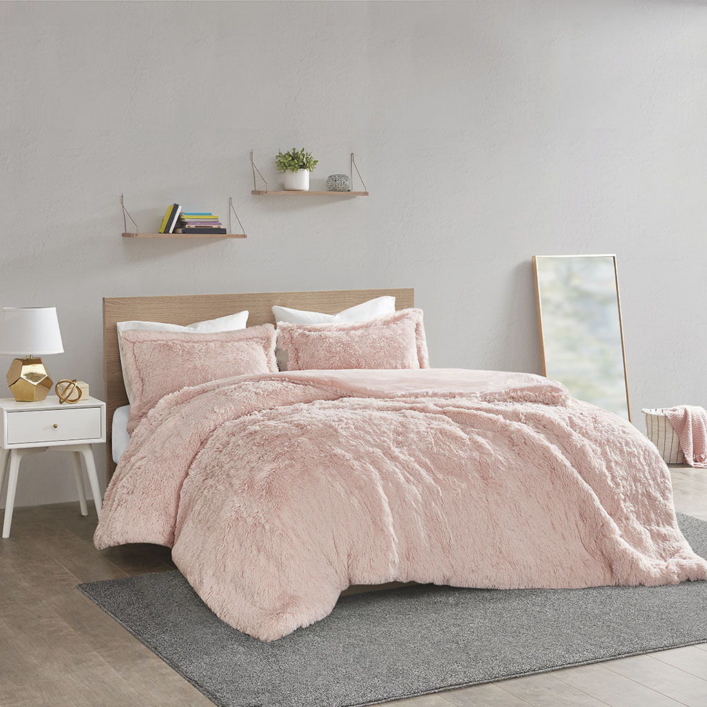 Malea - King Shaggy Duvet Cover Set - Blush Intelligent Design