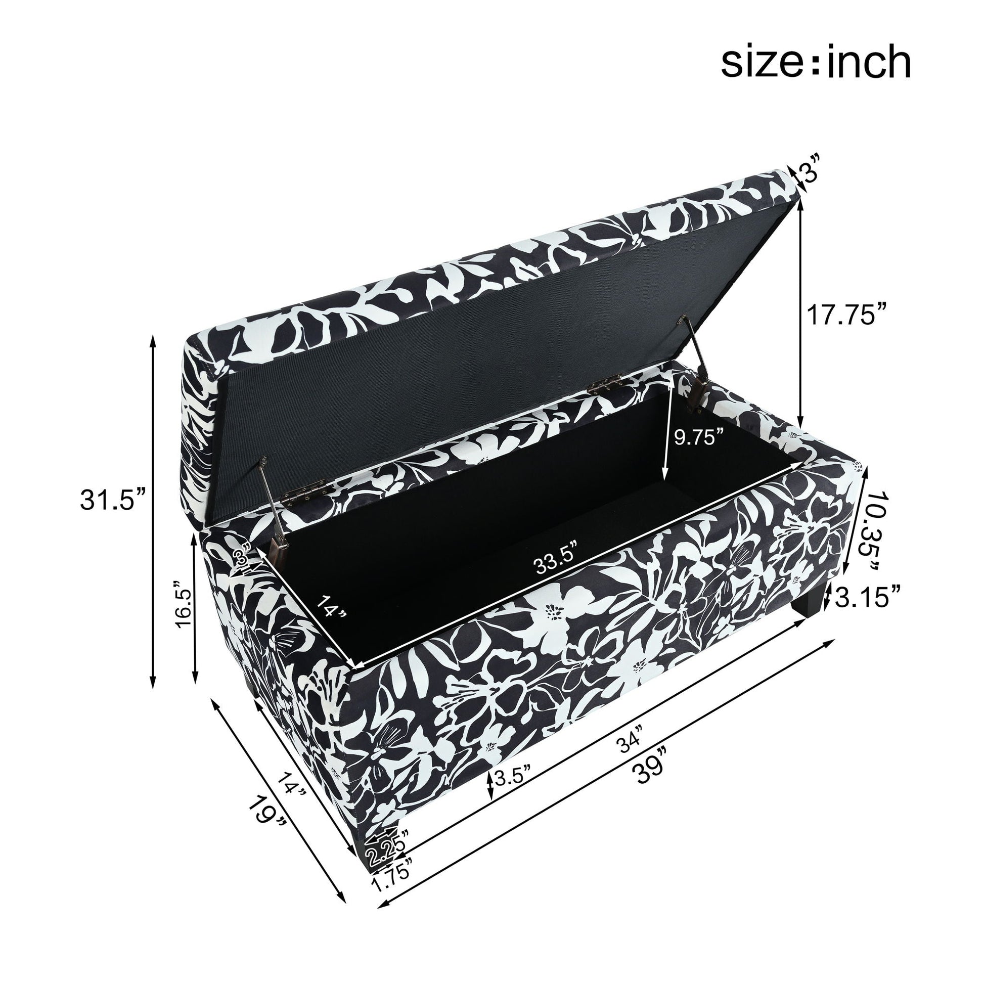 Luxury Storage Ottoman With Floral Patterned Fabric, Soft-Close Hinges, Multi Functional Noble House