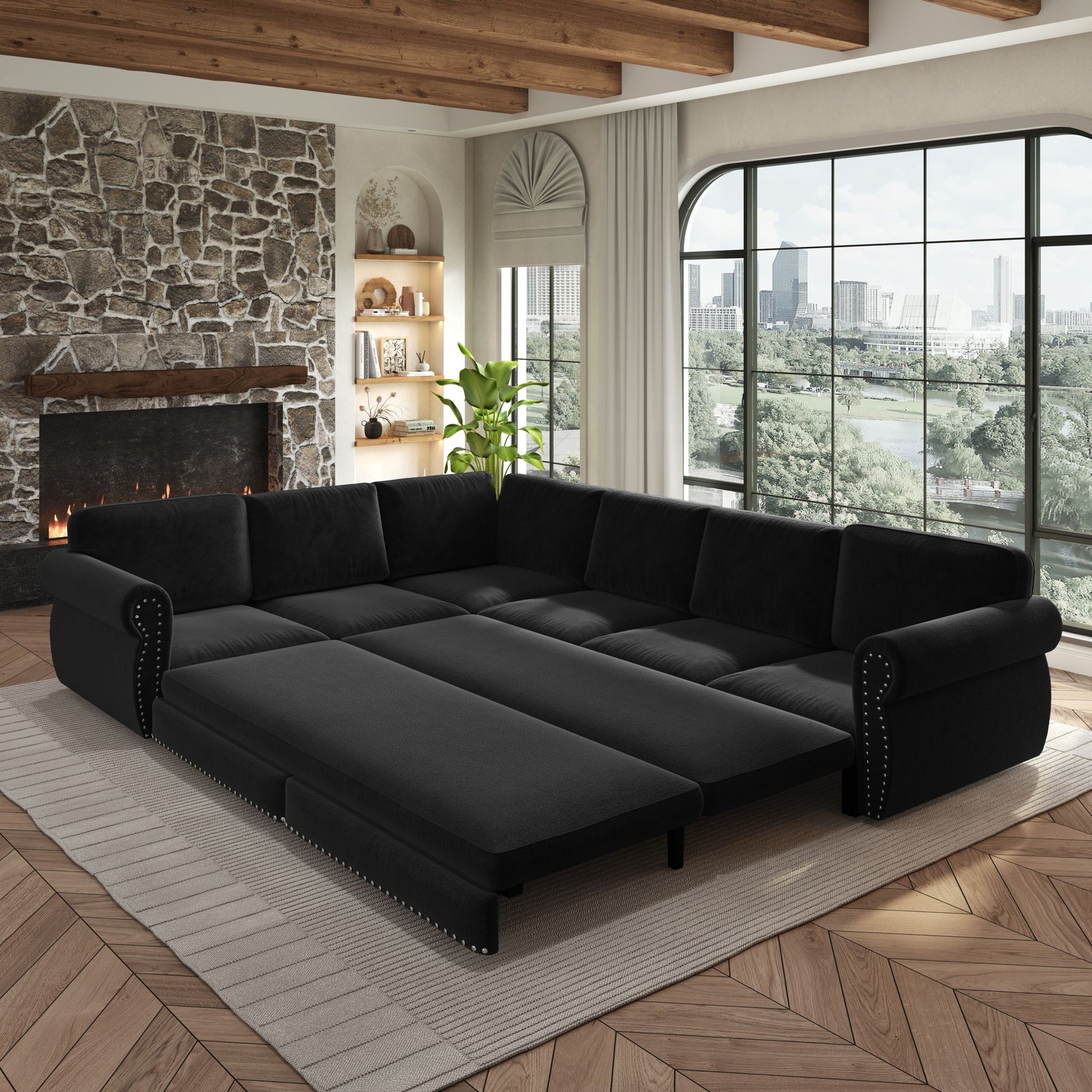 L-Shaped Sofa Couch With Pull Out Bed With Nailhead Trim & Rolled Arm Home Essentials