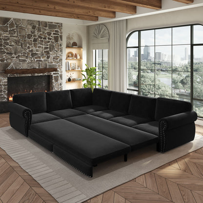 L-Shaped Sofa Couch With Pull Out Bed With Nailhead Trim & Rolled Arm Home Essentials
