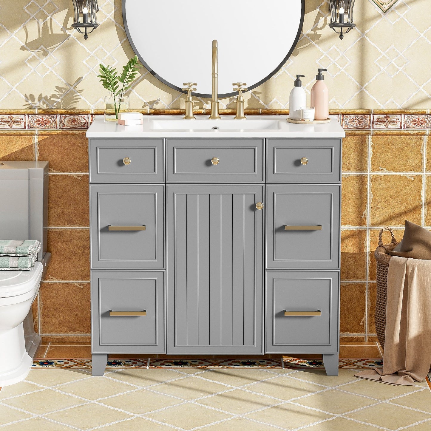 Bathroom Vanity With Ceramic Sink, Soft Close Doors, Adjustable Shelves Hearth and Haven