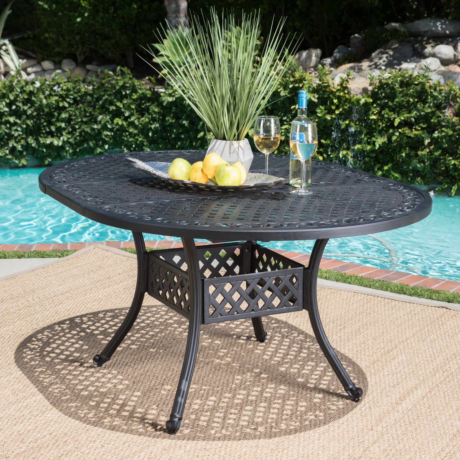 Outdoor Expandable Aluminum Dining Table With Latticework Details And Curvy Legs Noble House