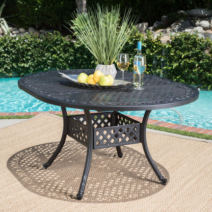 Outdoor Expandable Aluminum Dining Table With Latticework Details And Curvy Legs Noble House