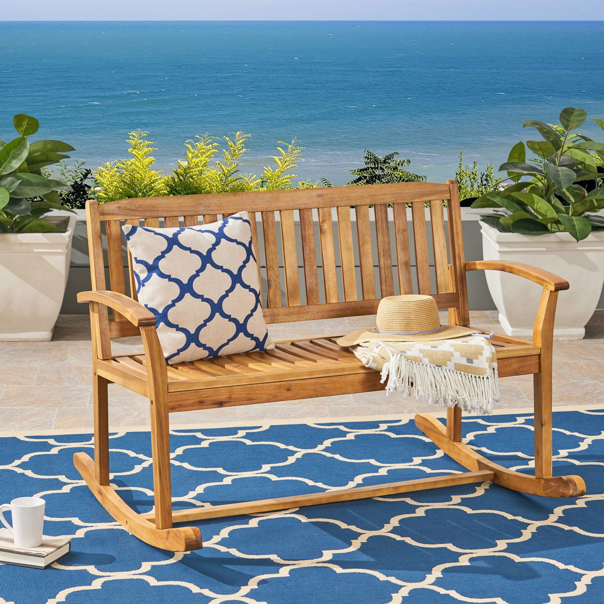 Outdoor Rocking Loveseat With Acacia Wood Frame - Natural Noble House