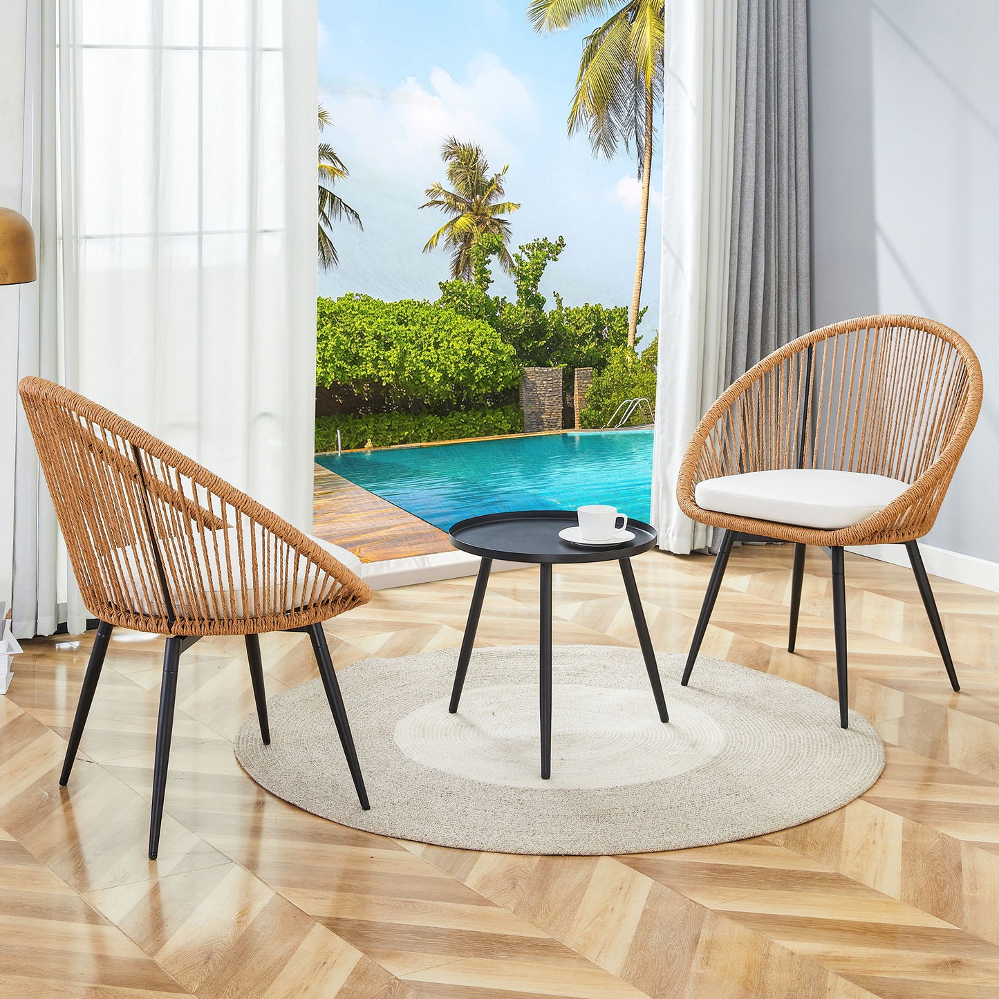 Modern 3 Piece Set, Anti - Spill Round Coffee Table, 2 Rattan Swivel Chairs, Outdoor Patio Furniture For Tea Time - Black / Wood Home Essentials