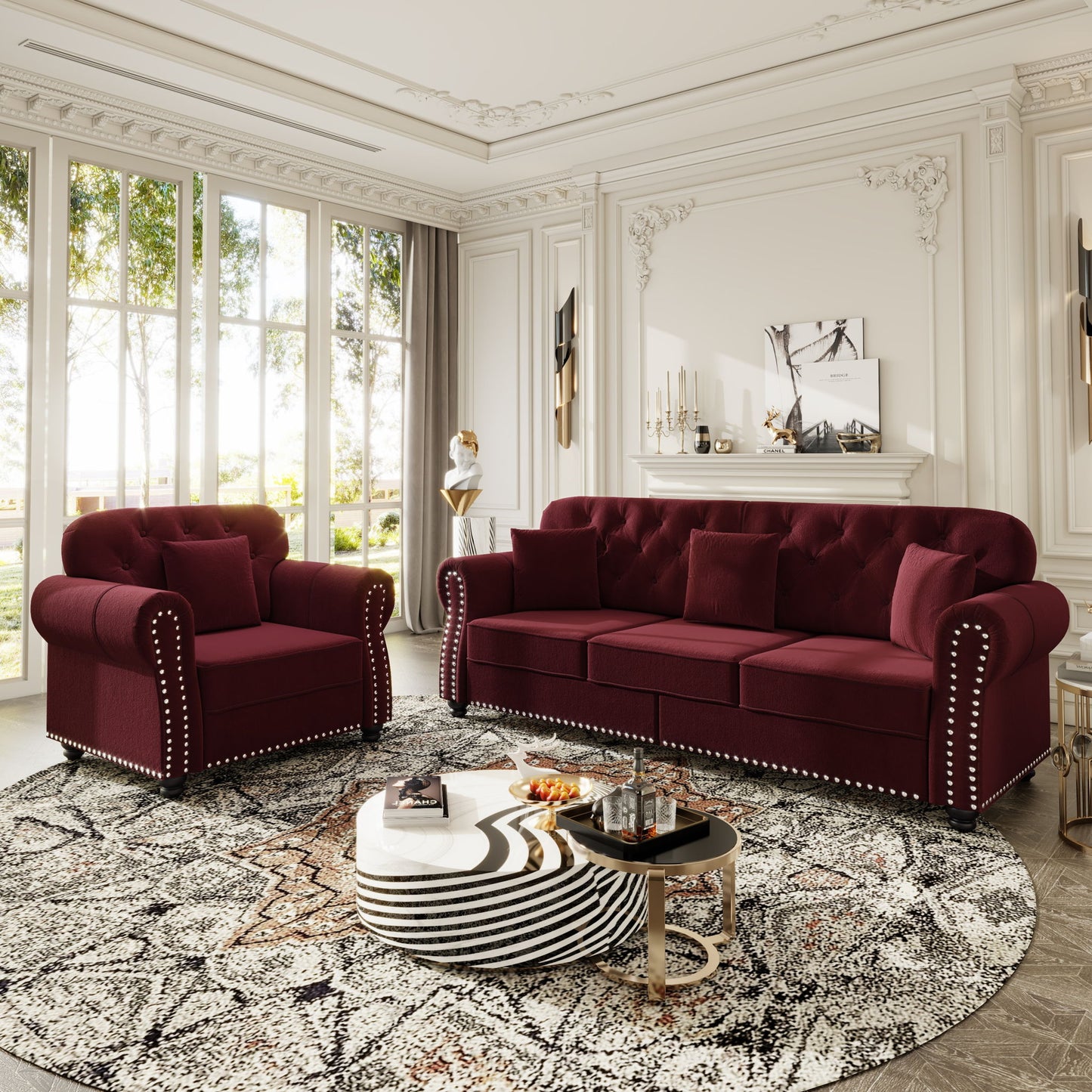 Upholstered Sofa Set With Nailhead Trim And Rolled Armrests, Includes Pillows Home Essentials