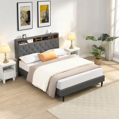 Modern Upholstered Platform Bed Frame With Button Tufted Headboard And USB Ports Home Essentials