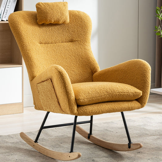 35.5" Rocking Chair With Pocket, Soft Teddy Fabric Rocking Chair For Nursery, Comfy Wingback Glider Rocker With Safe Solid Wood Base For Living Room Bedroom Balcony - Turmeric