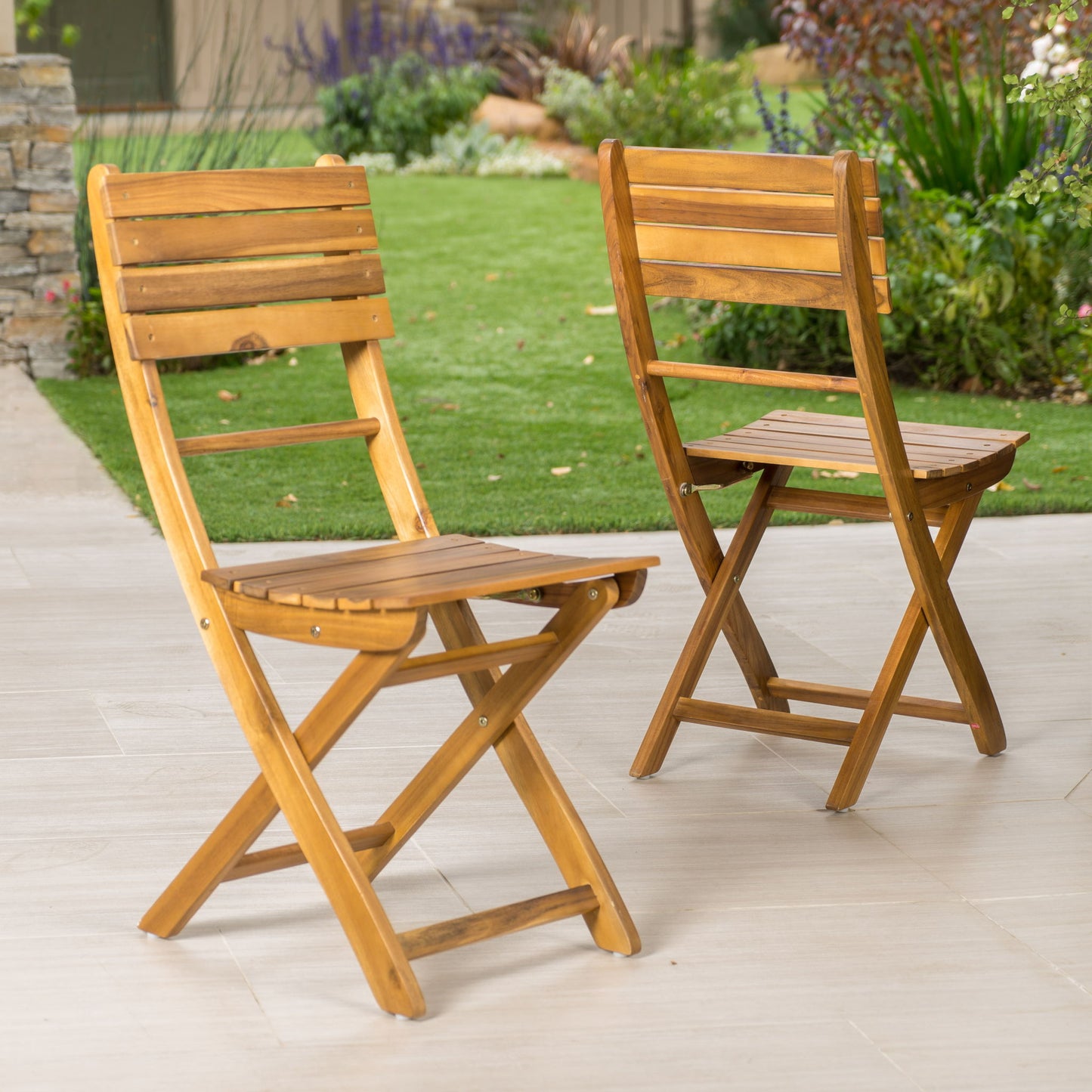 Outdoor Foldable Wood Dining Chair With Slat Design (Set of 2) Noble House