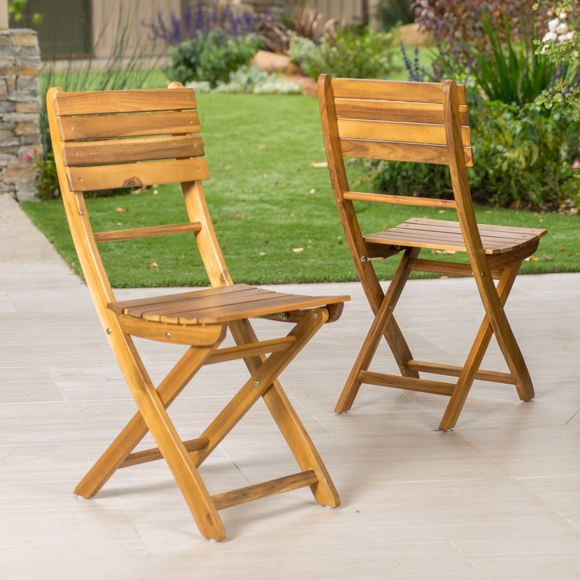 Outdoor Foldable Wood Dining Chair With Slat Design (Set of 2) Noble House