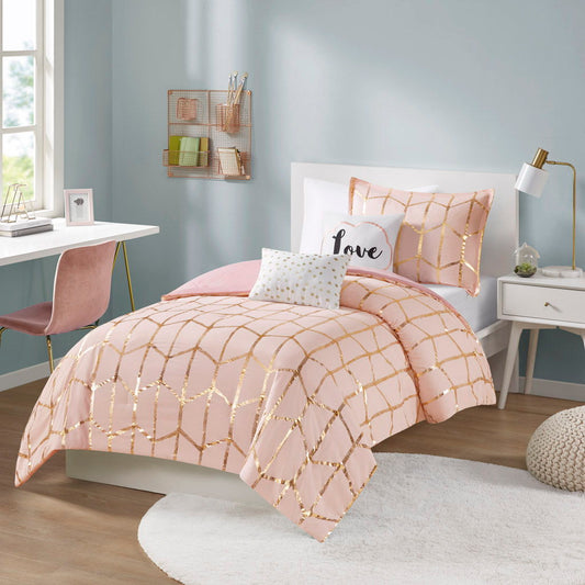 Raina - Twin Metallic Printed Comforter Set - Blush / Gold Intelligent Design
