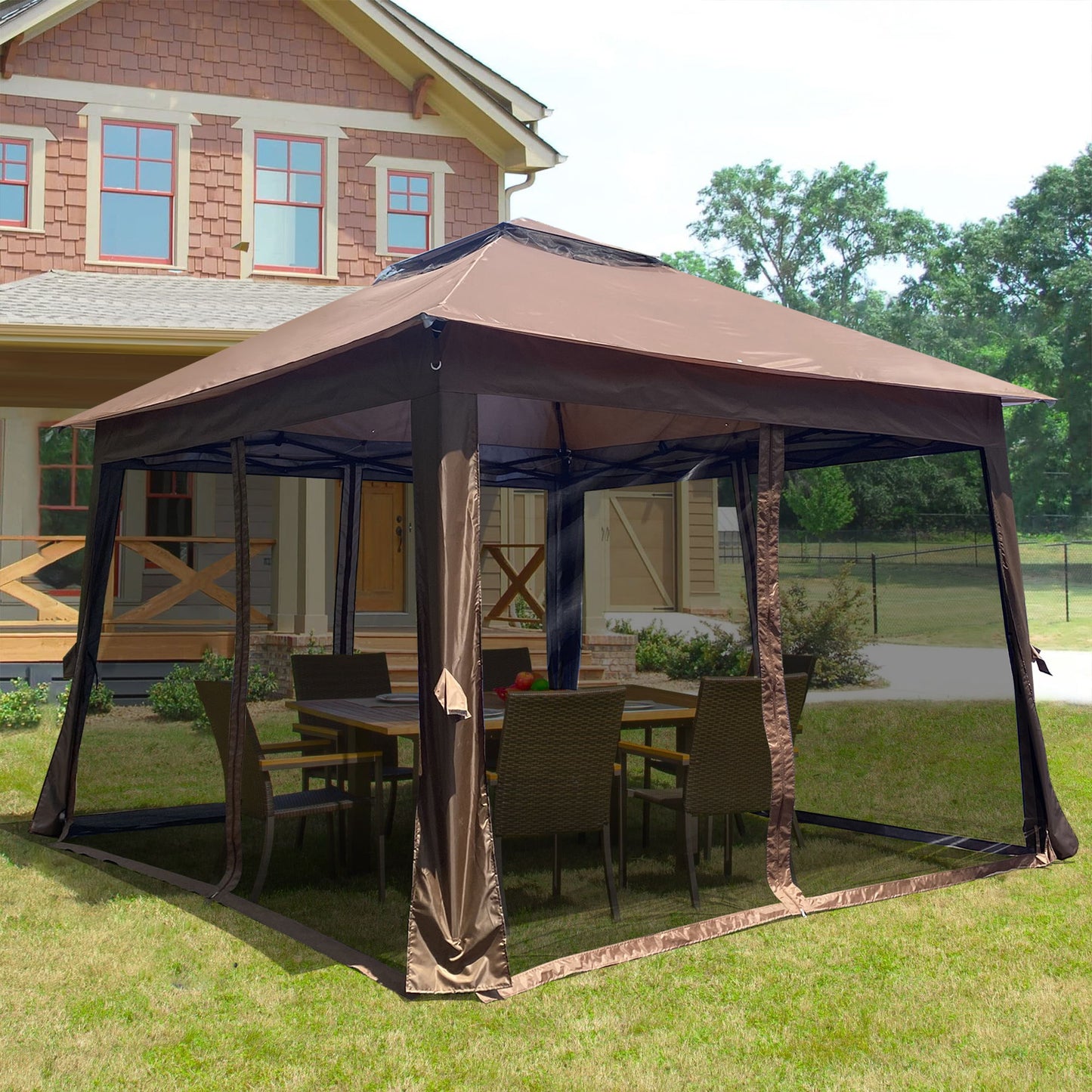 Outdoor 11X 11Ft Pop Up Gazebo Canopy With Removable Zipper Netting, 2 Tier Soft Top Event Tent, Suitable For Patio Backyard Garden Camping Area With 4 Sandbags - Brown