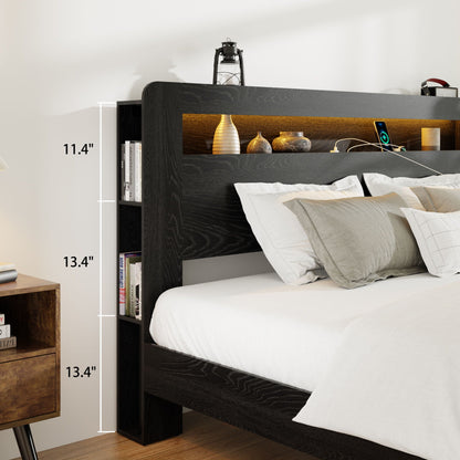 Wood Platform Bed Frame With Storage LED Light Headboard & USB Home Essentials
