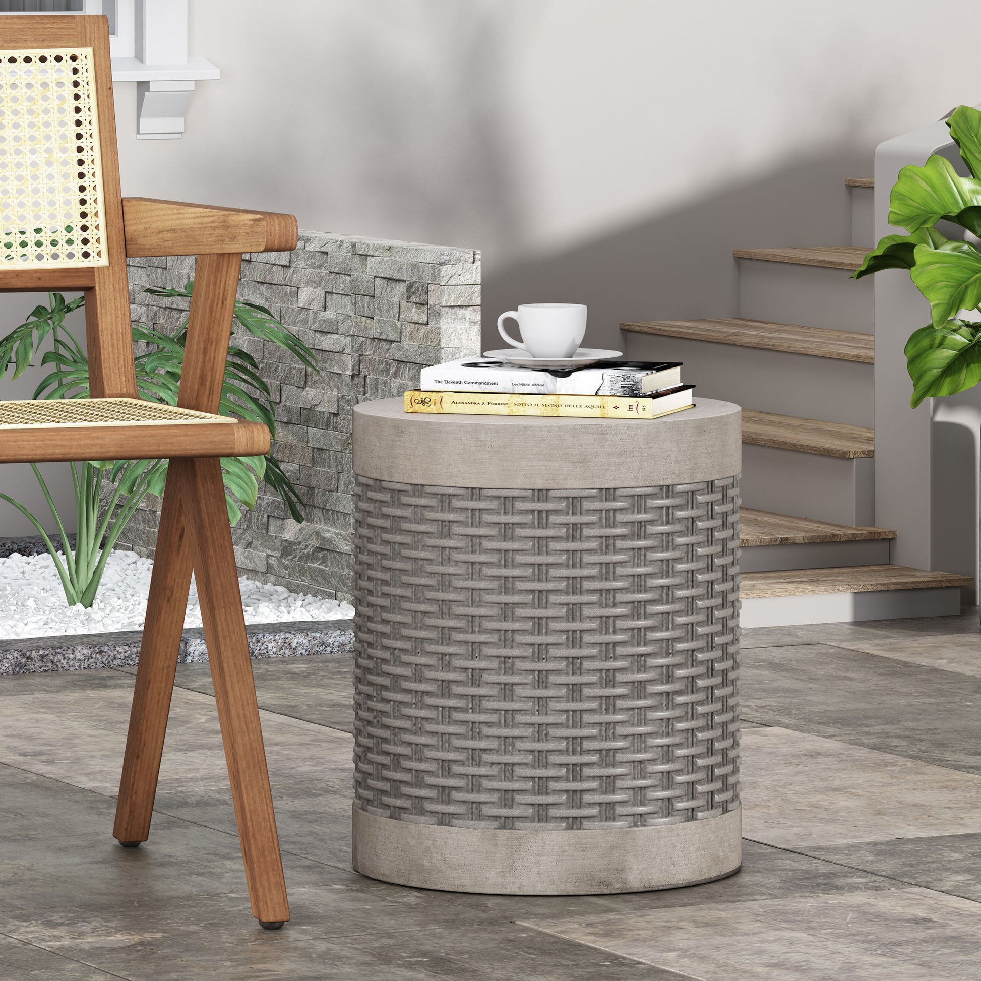 Outdoor Lightweight End Table Round Concrete Outdoor Side Table - Natural Noble House