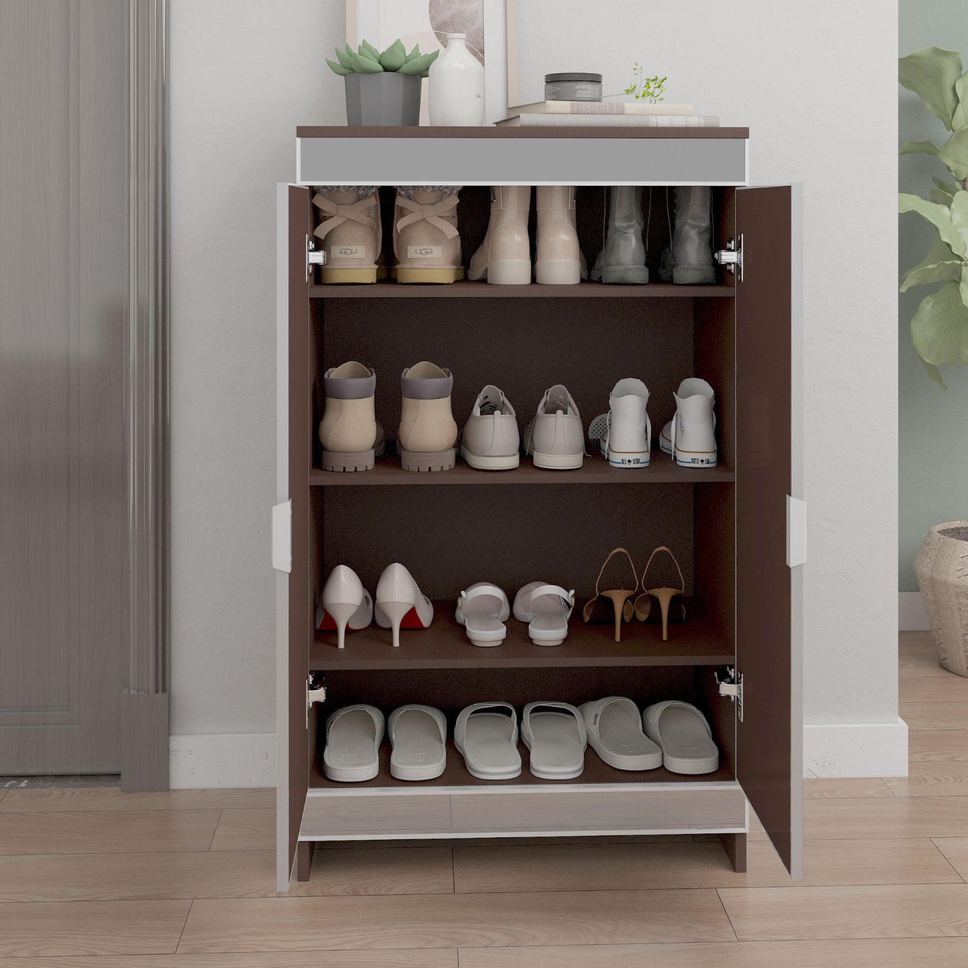 Elegant Decor Mirrored Shoe Cabinet With Edging Double Door Storage Cabinets Glass - Brown / Silver / Gray Daily Nest