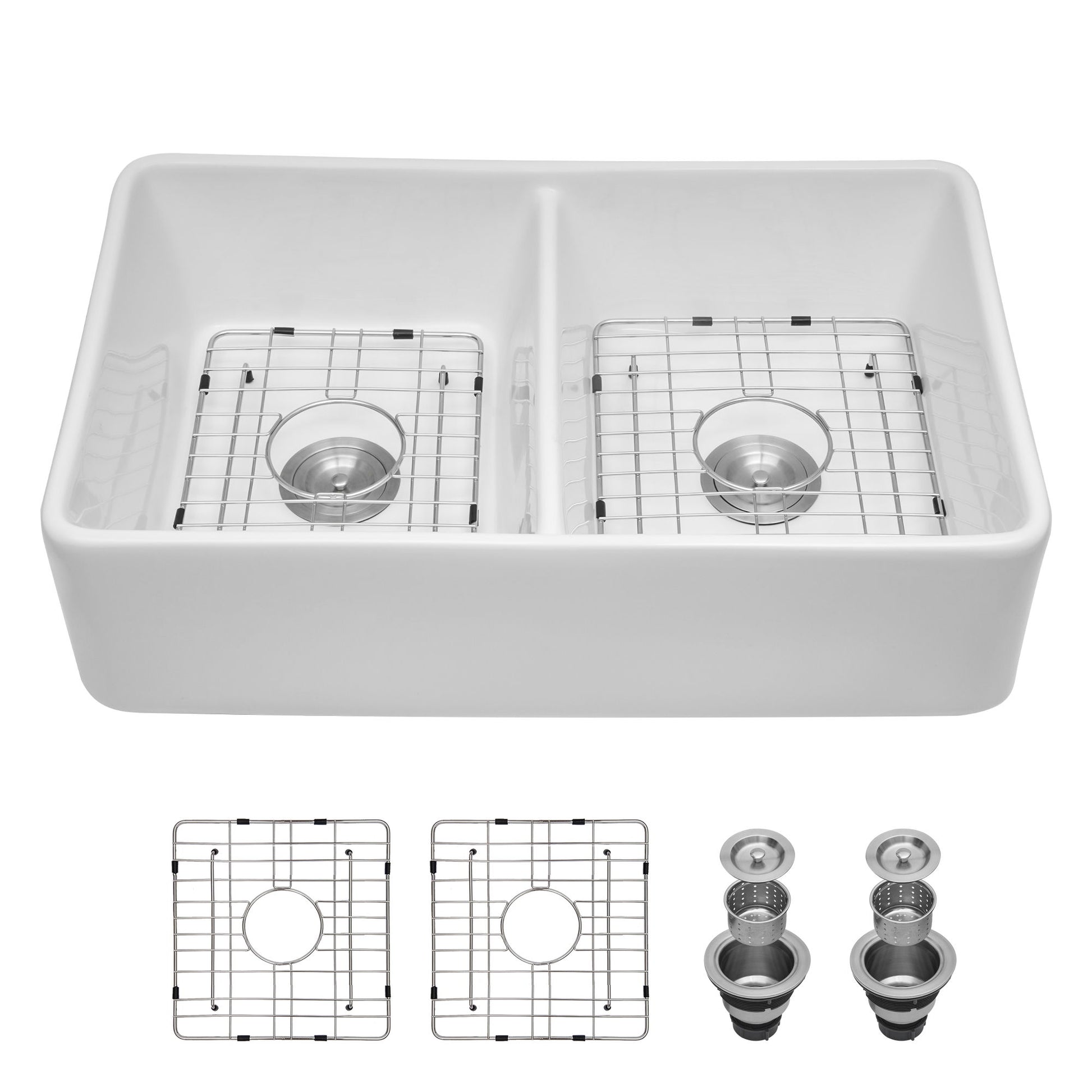 Double Bowl Apron Front Kitchen Sink 32", Sturdy And With Scratch Resistant - White Daily Nest