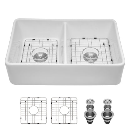 Double Bowl Apron Front Kitchen Sink 32", Sturdy And With Scratch Resistant - White Daily Nest