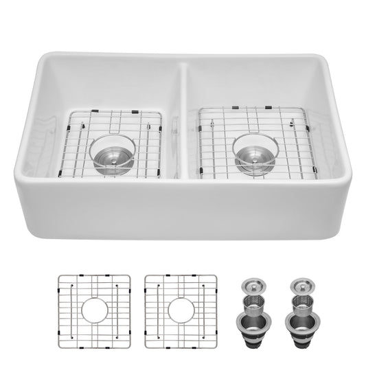 Double Bowl Apron Front Kitchen Sink 32", Sturdy And With Scratch Resistant - White Daily Nest
