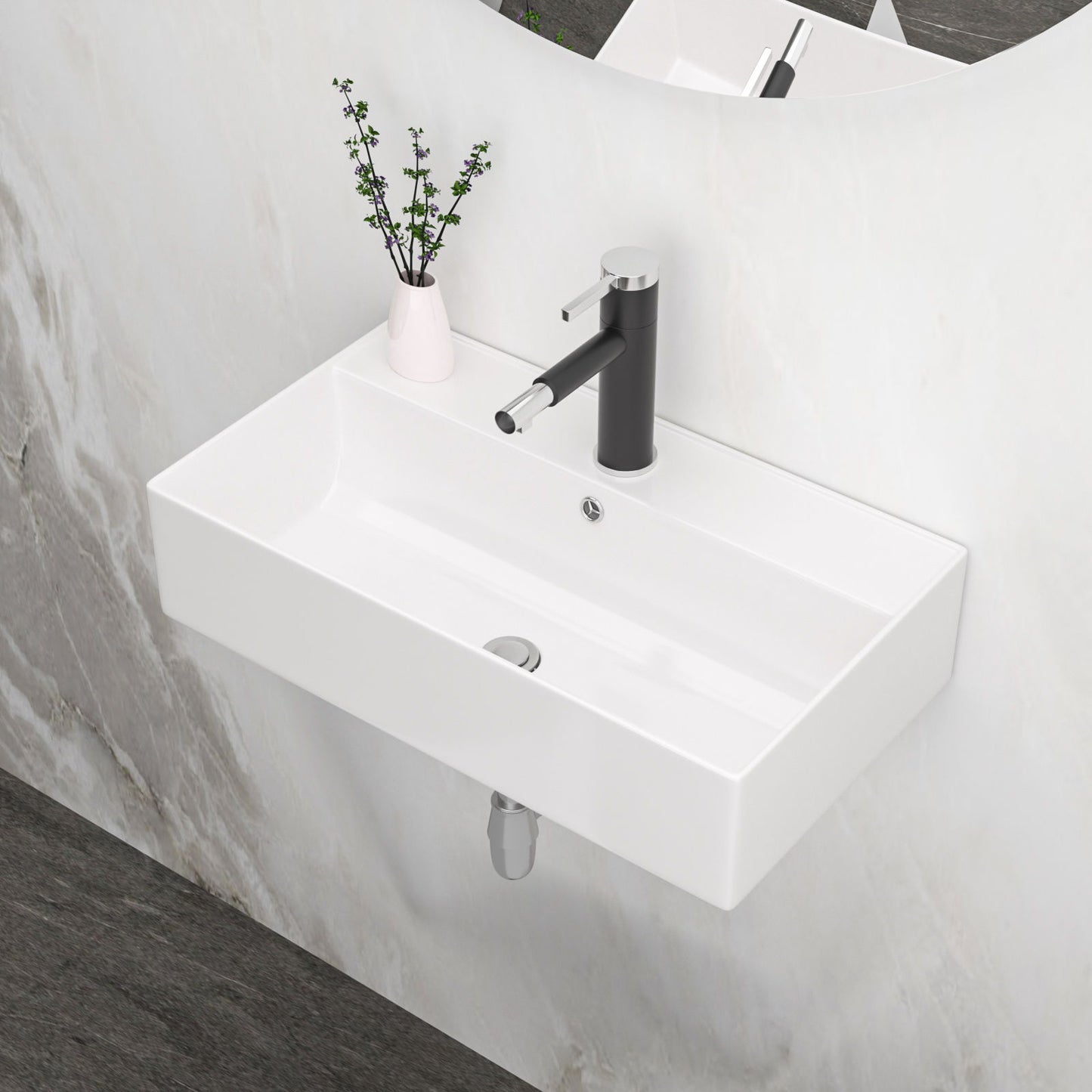 Modern Ceramic Rectangular Wall Mounted Bathroom Sink With Faucet Hole & Overflow Daily Nest