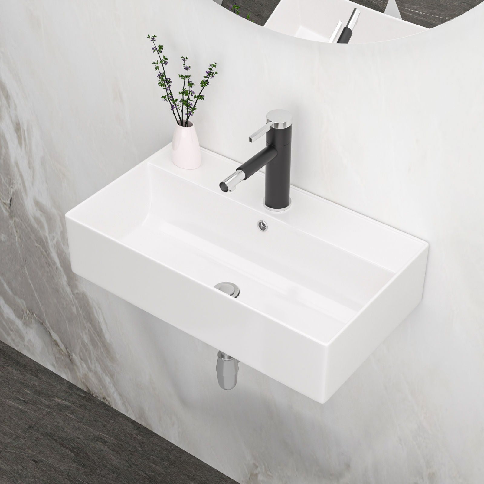 Modern Ceramic Rectangular Wall Mounted Bathroom Sink With Faucet Hole & Overflow Daily Nest