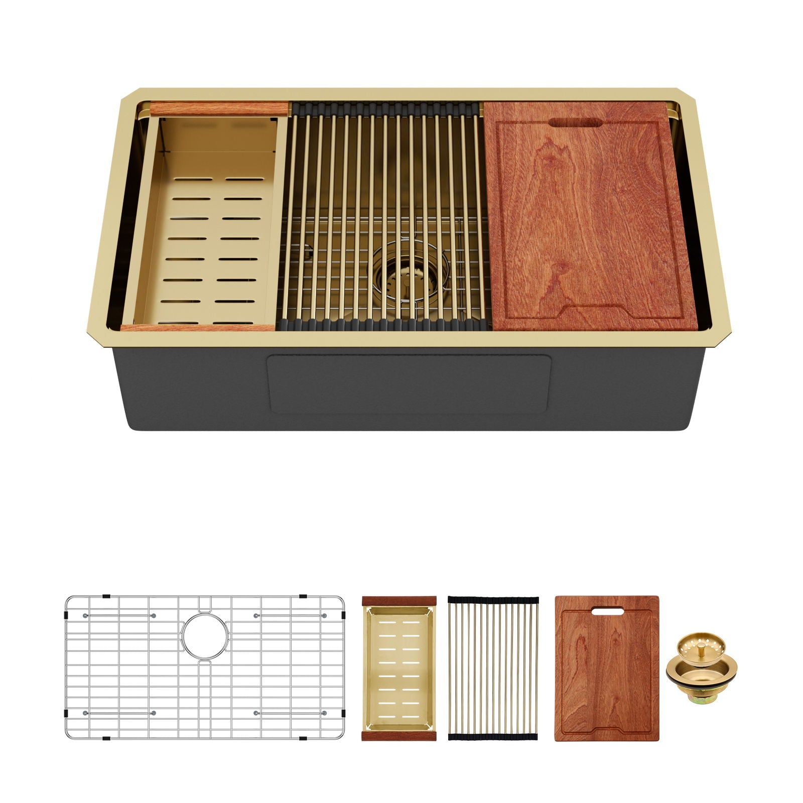 Undermount Kitchen Sink 36 X 19 X 9", 16 Gauge Deep Workstation Sink With Cutting Board And Accessories - Gold Daily Nest