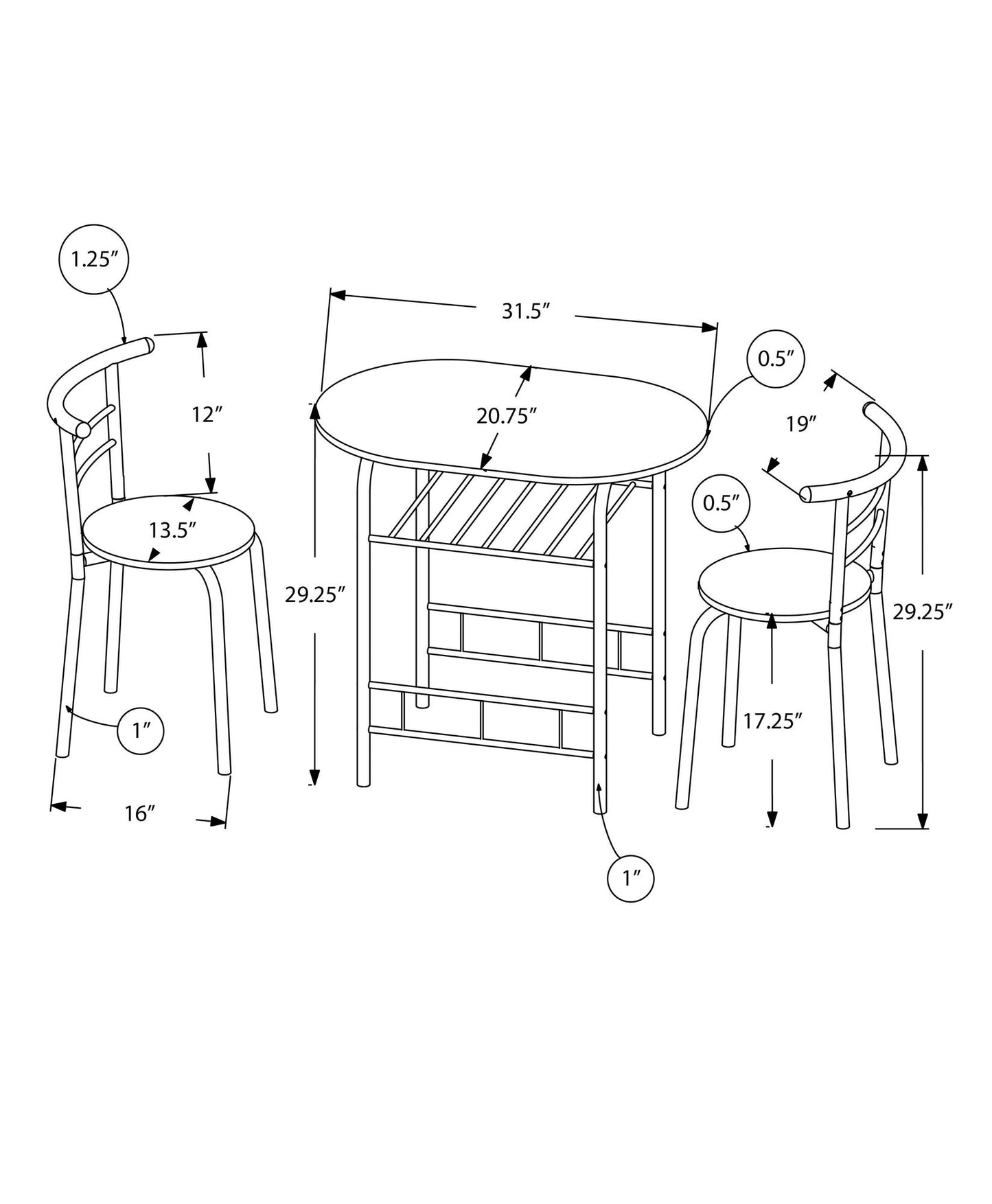 3 Pieces Dining Table Set, Small, Contemporary & Modern 8th Street