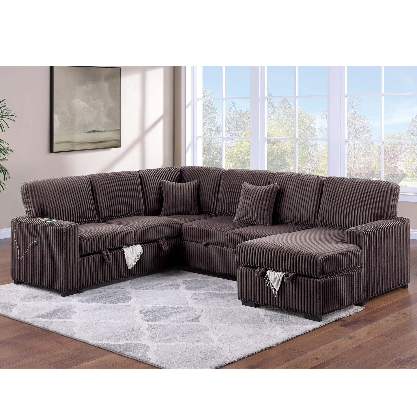 Convertible Sectional Upholstered Sleeper Sofa With Storage Chaise Home Essentials