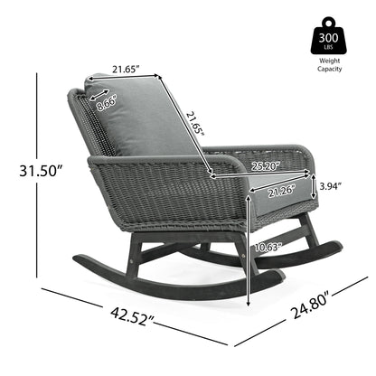Modern 3 Piece Outdoor Seating Set With Cushioned Rattan Rocking Chairs And Wooden Accent Table Noble House