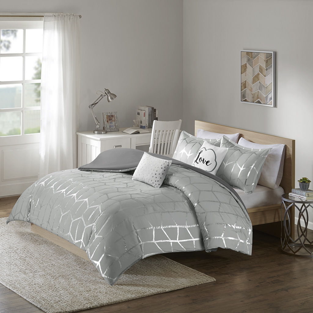 Raina - Twin Metallic Printed Duvet Cover Set - Gray / Silver